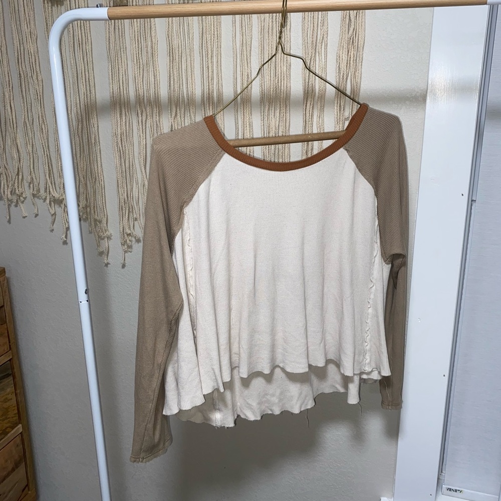 Cream white long sleeve shirt. Tan sleeves with a rust red collar worn once